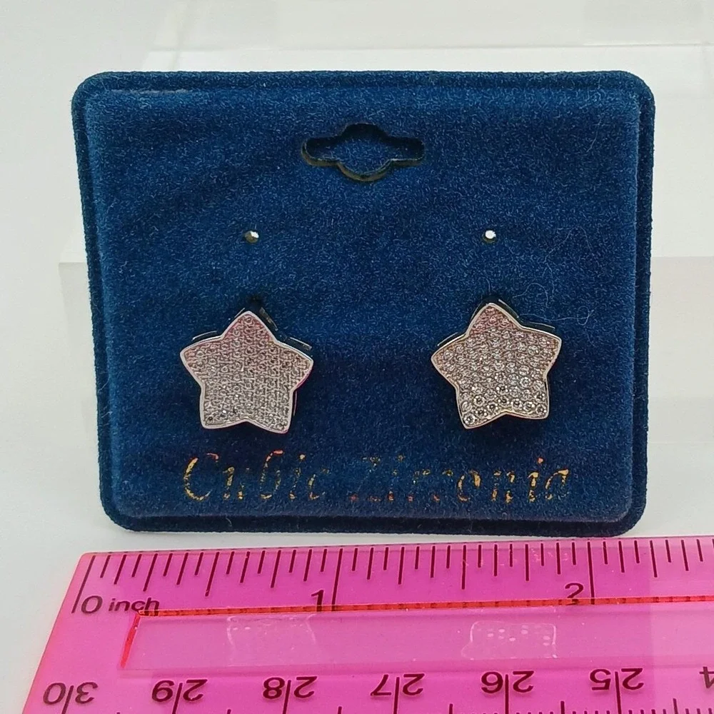 Vintage 1990s Silver Tone Cubic Zirconia Star Stud Micro Pave Earrings Deadstock